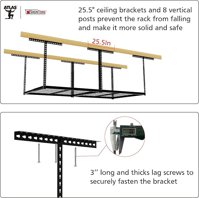The Atlas 4 x 8 ft Adjustable Height Overhead Garage Storage Rack 900 lbs Heavy