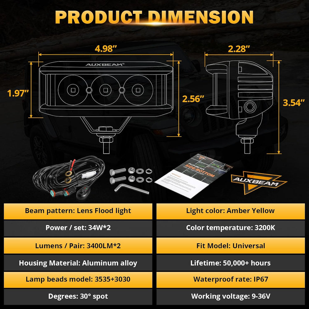 Auxbeam 5inch 68W Amber Fog Light Side Shooter Pod Lights Spot Flood Combo