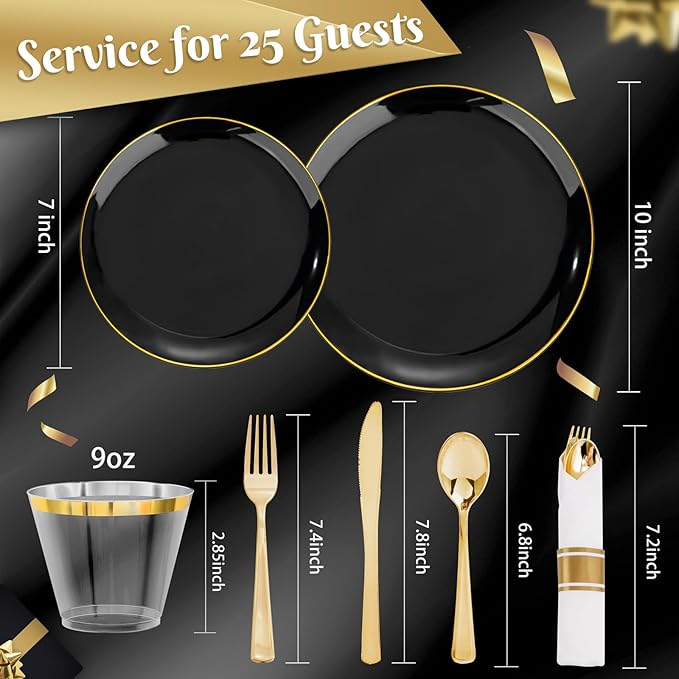 KIRE 175Pcs Black Plates Disposable - Heavy Duty Black and Gold Plastic Plate...