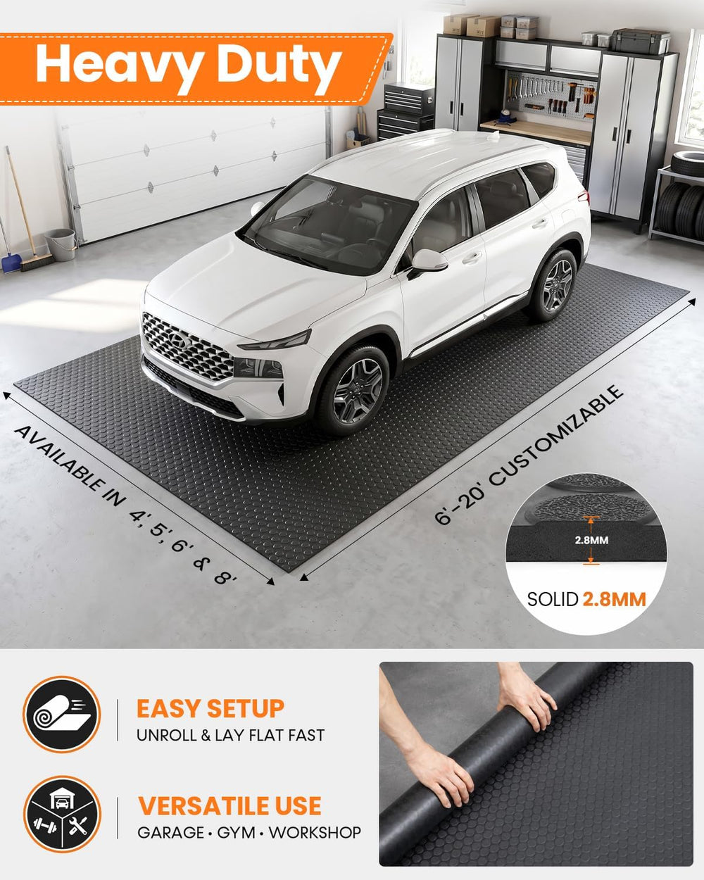 SEAL 5 x 8 FT Premium Garage Floor Mat, Solid 2.8mm Thick Lay-Flat Black Comm...