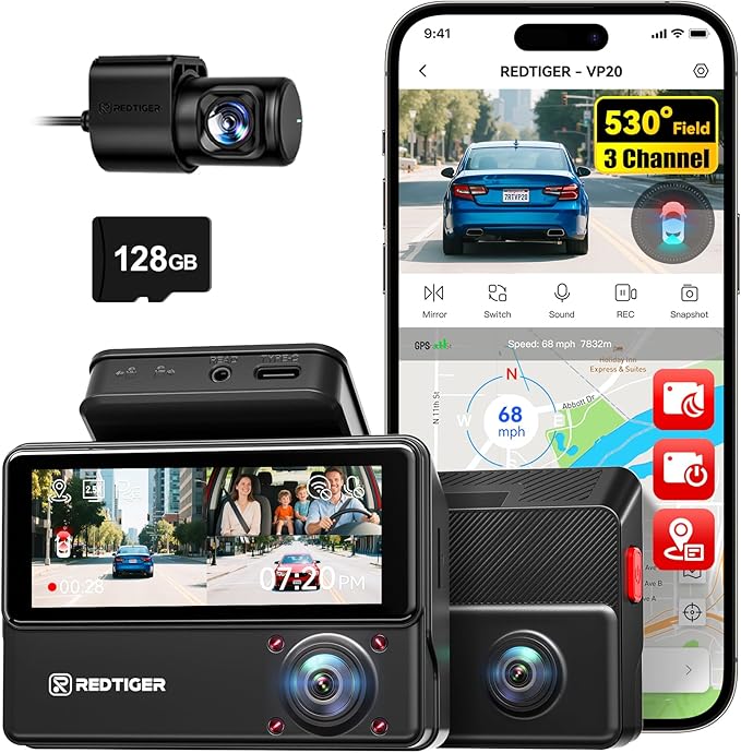 REDTIGER 530° Dash Cam 3 Channel, 2.5K+2.5K+1080P Triple Car Camera