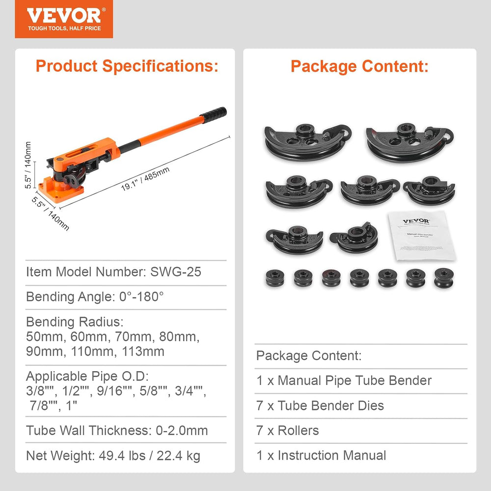 VEVOR Pipe Tube Bender, 3/8" to 1" OD Manual Pipe Tube Bender with ...