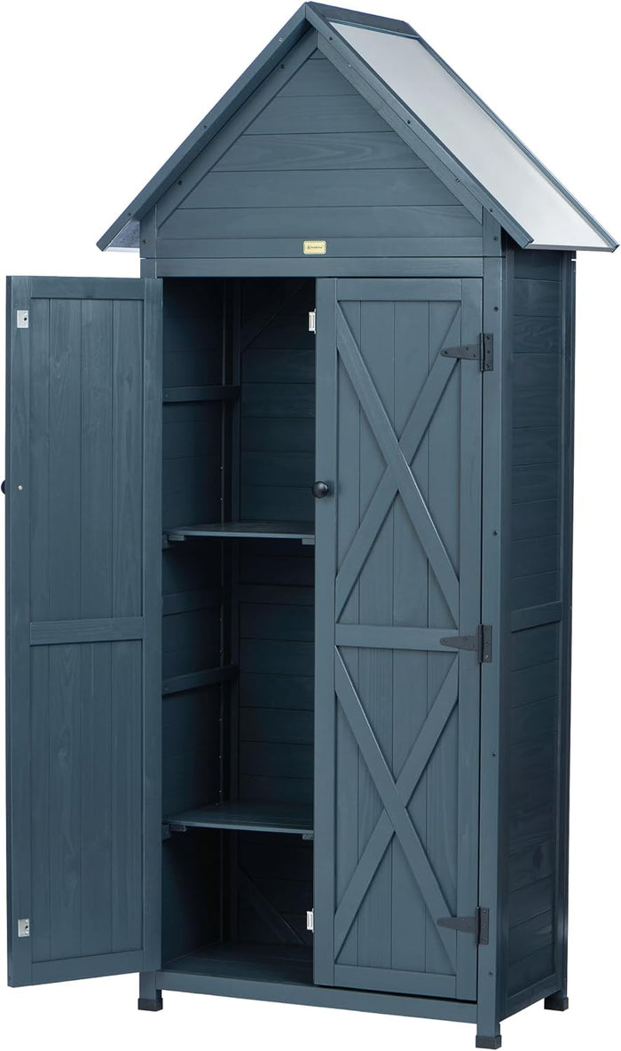 Outdoor Storage Shed with Floor & Adjustable Shelves, Wooden Garden Tool Cabinet Weatherproof, 71" Vertical Patio Organizer