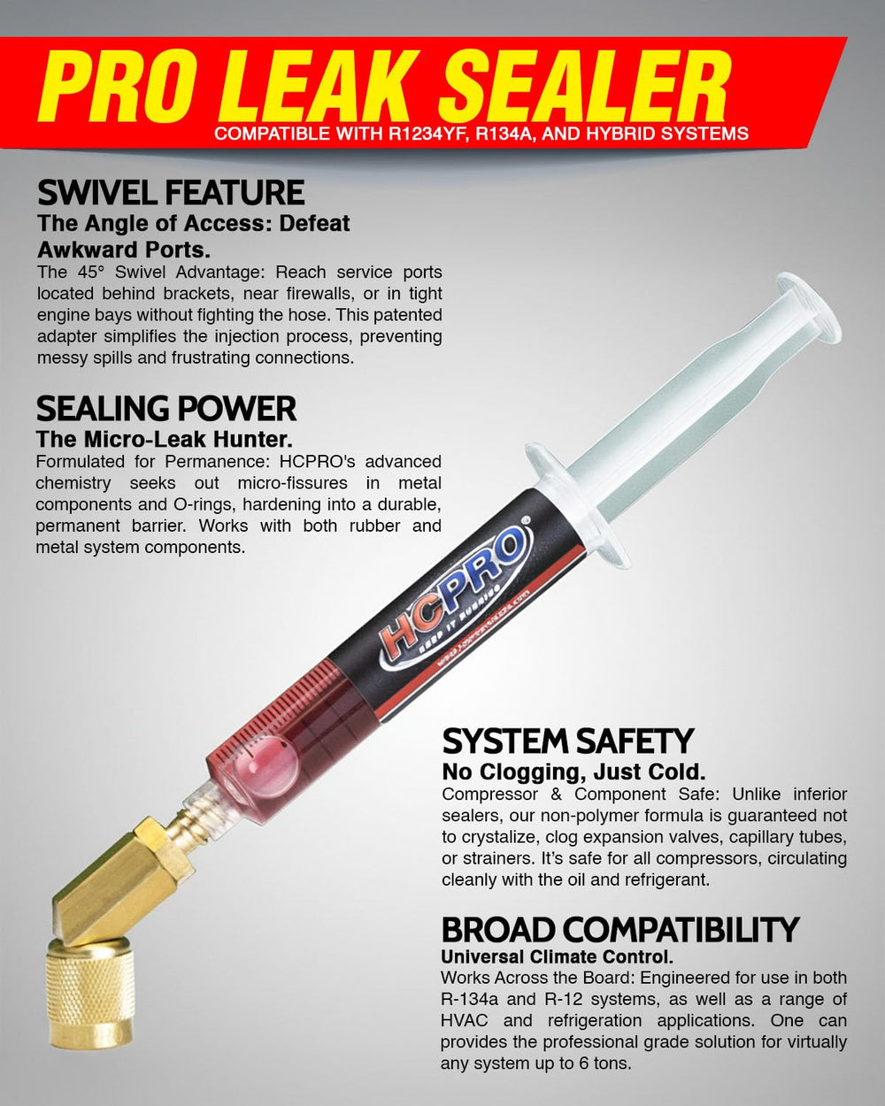 HCPRO HCLEAK12R Pro Leak Sealer with 45° Swivel Adapter for Easy Access Appli...