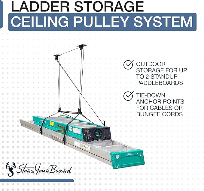 StoreYourBoard Ladder Storage Ceiling Pulley System, Garage Mount Hoist