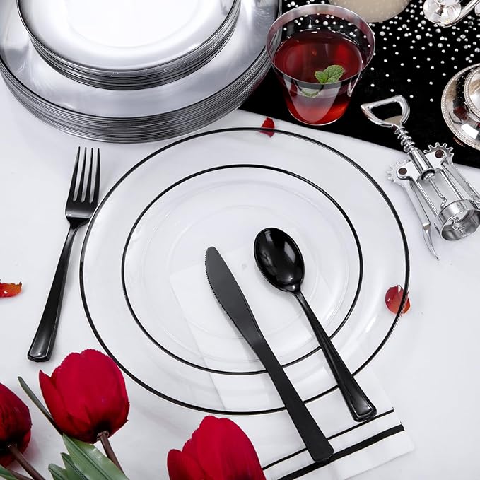 NOCCUR 350PCS Clear and Black Plastic Plates - Disposable Dinnerware Set for ...