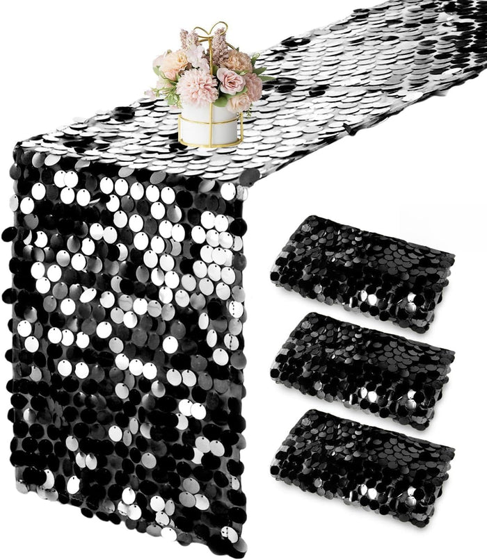 3 Packs Black Sequin Table Runner 12 x 108 Inch Glitter Rectangle Big Sequin Table Runner for Wedding Party Birthday Christmas Halloween Decoration