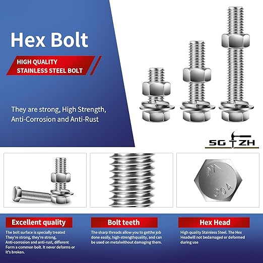 1/2-13 x 5" Hex Head Screw Bolt, Flat & Lock Washers, Fully Threaded...