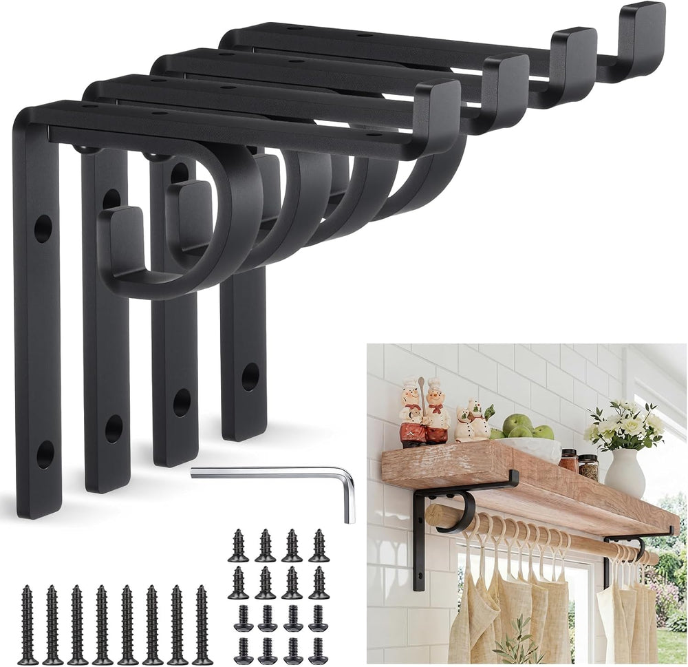 Hicarer 4 Pcs Single Shelf Brackets with Curtain Rod Holder, 6 Inch