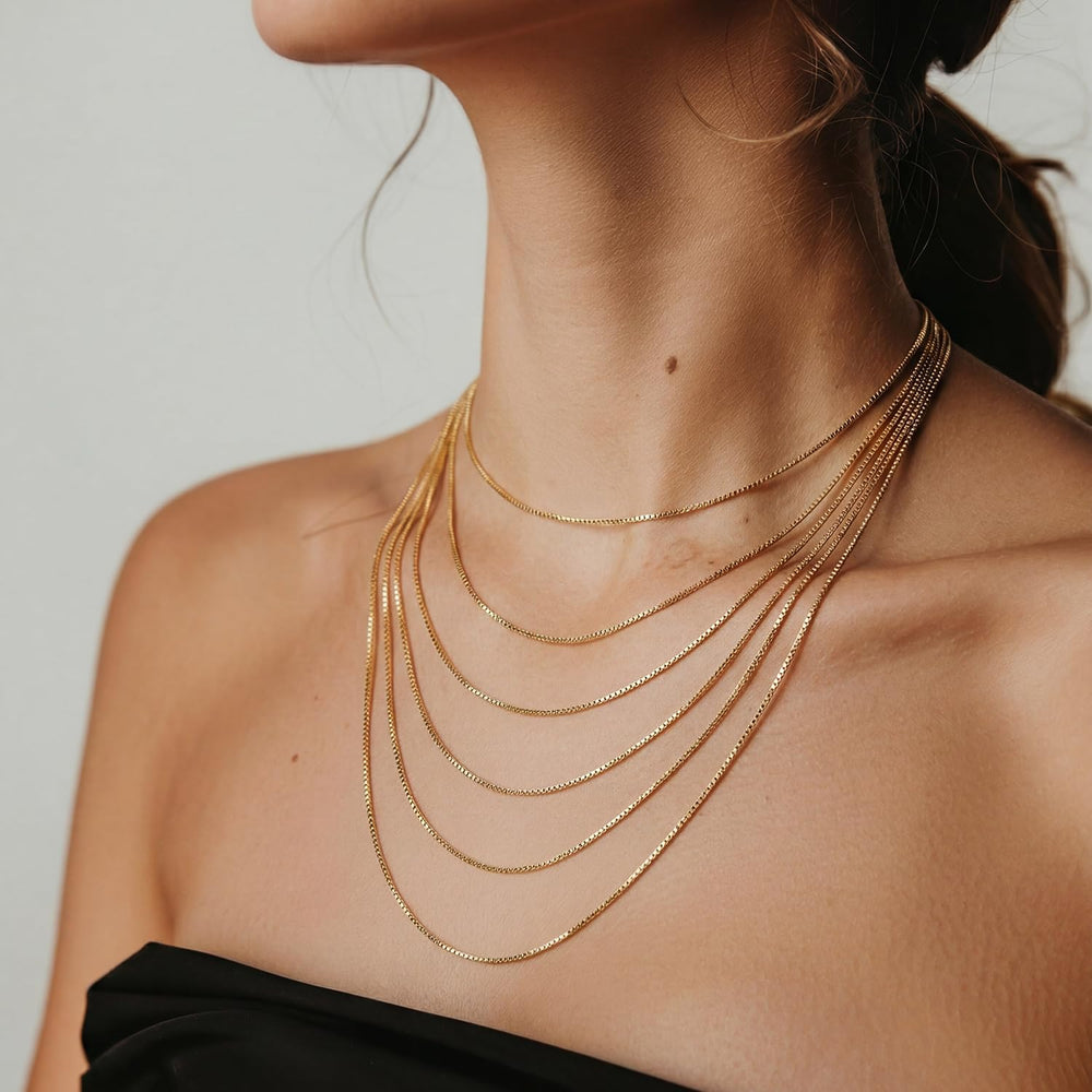 14K Gold Necklaces for Women Men 0.8/1.1/1.3mm Box Chain Necklace