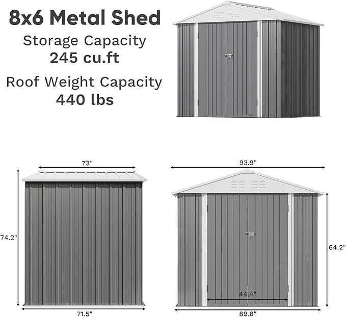 Greesum 8×6FT Outdoor Storage Shed, Metal Patio Storaged Sheds