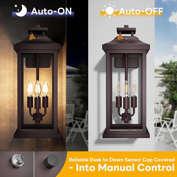 Oil Rubbed Bronze Dusk to Dawn Outside Lights 3-Light, Vintage Exterior Sconc...