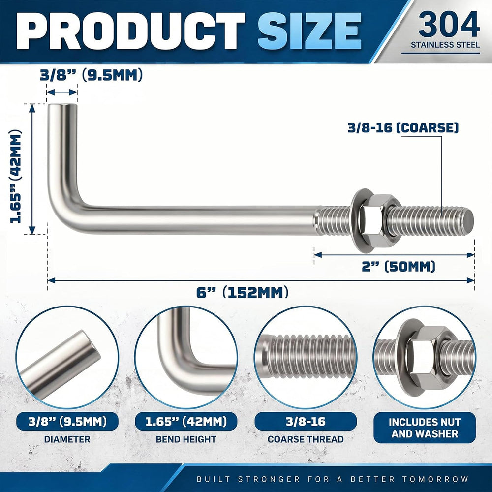 Yaocom 20 Pcs Anchor Bolts 3/8‑16 x 6'' 304 Stainless Steel