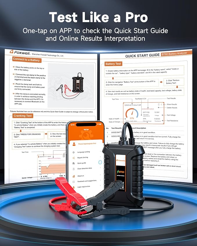 FOXWELL BT60 Car Battery Tester, 12V Bluetooth Battery Load Analyzer via App