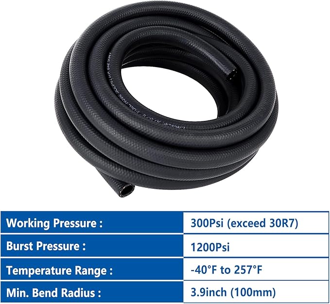 LokoCar Rubber Fuel Hose Line Push Lock 3/8" ID SAE 30R7 NBR 25ft 300PSI...