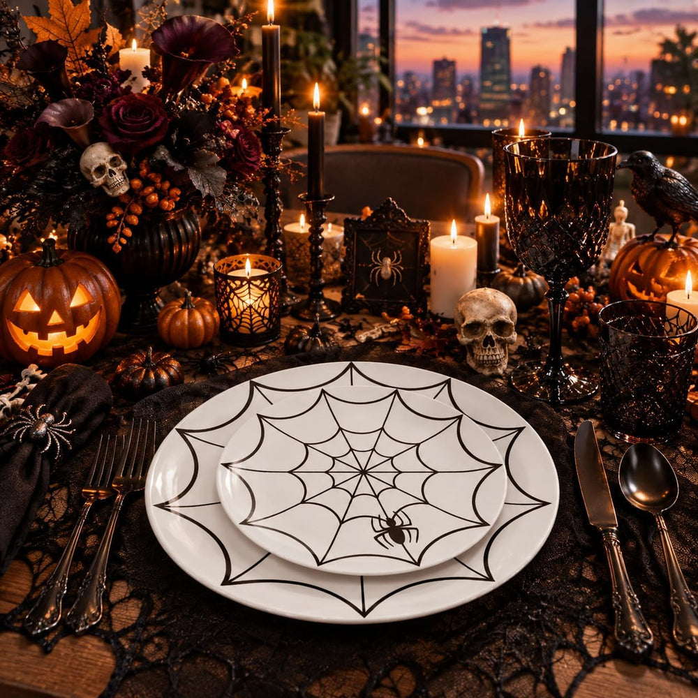 WDF 60Pieces Halloween Plates Disposable Plastic - White and Black with Cobwe...