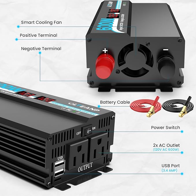 600W Power Inverter Pure Sine Wave Inverter 12V DC to 120V AC Converter