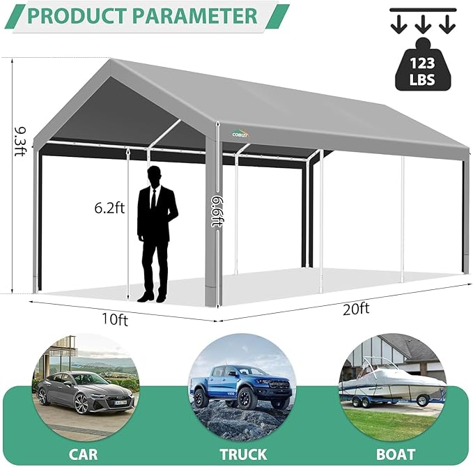 COBIZI Carport 10x20ft Heavy Duty Portable Garage, 2.0 Powder Coated Frame