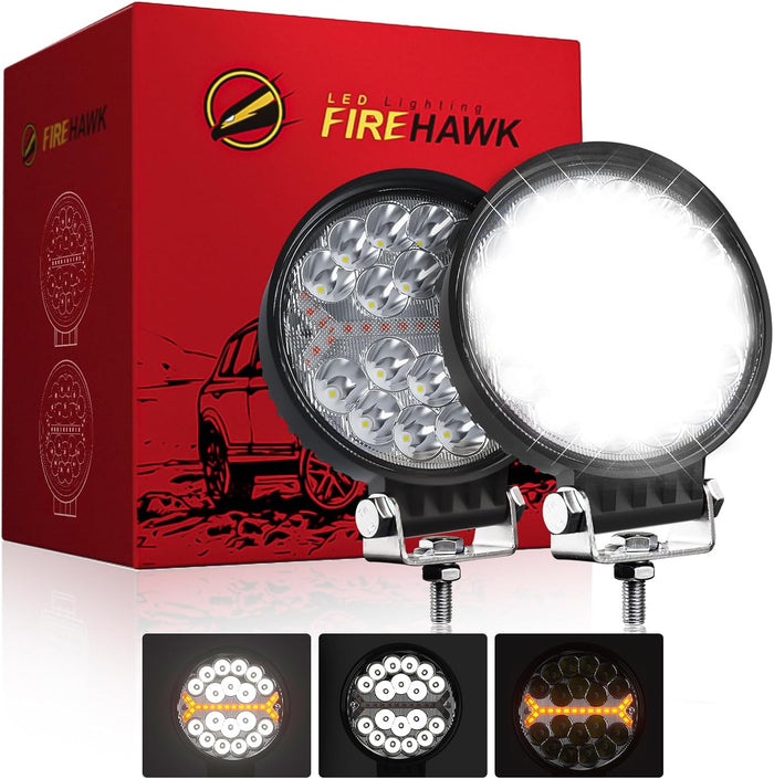 Firehawk LED Light Pods Bar 4 Inch 30000LM 60W Round Spot Flood Amber White Driving Offroad Fog Work Backup Bumper for Truck Jeep ATV UTV SUV Tractor Motorcycle 4x4 Cart Trailer Boat Waterproof 2PCS