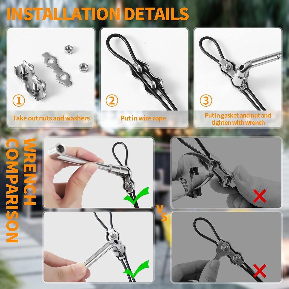 String Light Hanging Kit,164 Ft Nylon Coated Stainless Steel 304 Wire Rope, S...