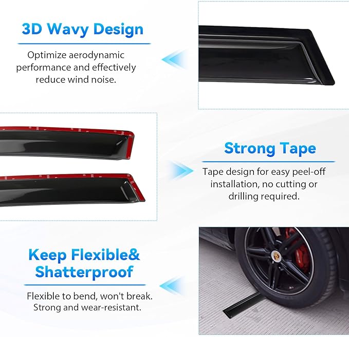 4pcs Front+Rear Smoke Tint Sun/Rain Guard Outside Mount Tape-On Vent Window