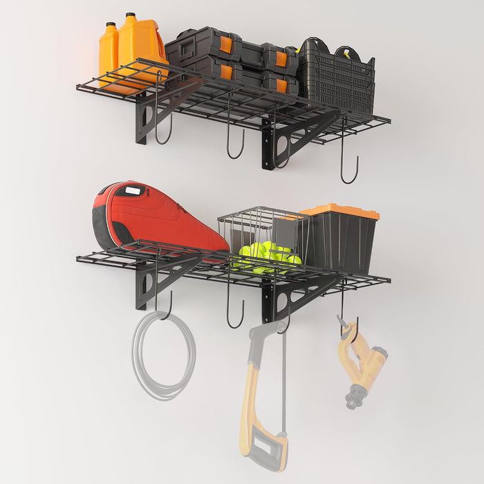 1x3 ft Garage Shelving with 8 Bike Hooks, Pantry Storage, 300 lbs Total Load (2-Pack)