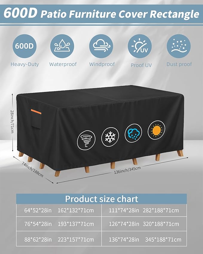 Outdoor Waterproof Furniture Cover, 136W x 74L x 28H inches Heavy Duty 600D