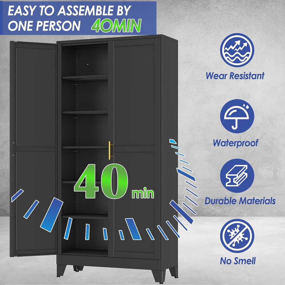 75" Metal Garage Storage Cabinet with 2 Doors and 5 Adjustable Shelves,M...