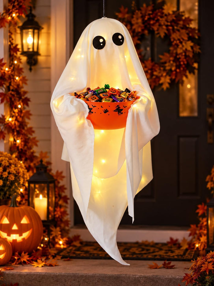 UQJE Hanging Ghost Candy Bowl, Lighted Halloween Treat Holder