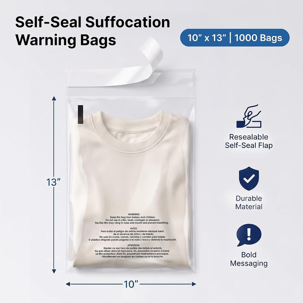 10” X 13” (1000 Count) Self Seal Clear Poly Bags with Suffocation Warning