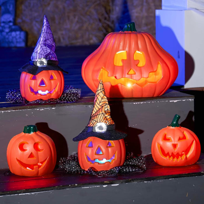 JOYIN 5 Pcs Light Up Halloween Pumpkin Decorations Jack O Lantern Decor, Plastic Pumpkin Halloween Decor Outdoor Indoor Trick Or Treat Table Top Party Supplies Favors
