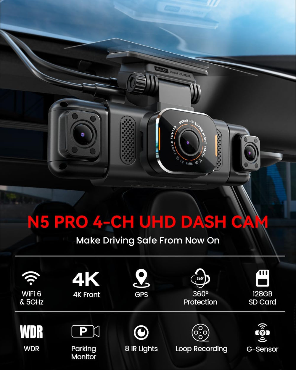IIWEY N5 PRO 4K 4 Channel Dash Cam, 360° View 1080P Rear Inside