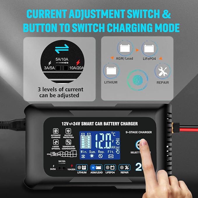 Battery Charger 0-20A 12V/24V Lithium LiFePO4 Lead Acid Fully Automatic