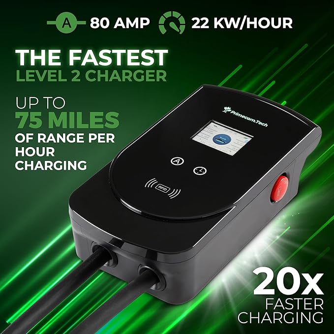 PRIMECOM 80 Amp 22KW 220Volt Level-2 18ft to 50ft Cord Lengths 20X Fast Smart
