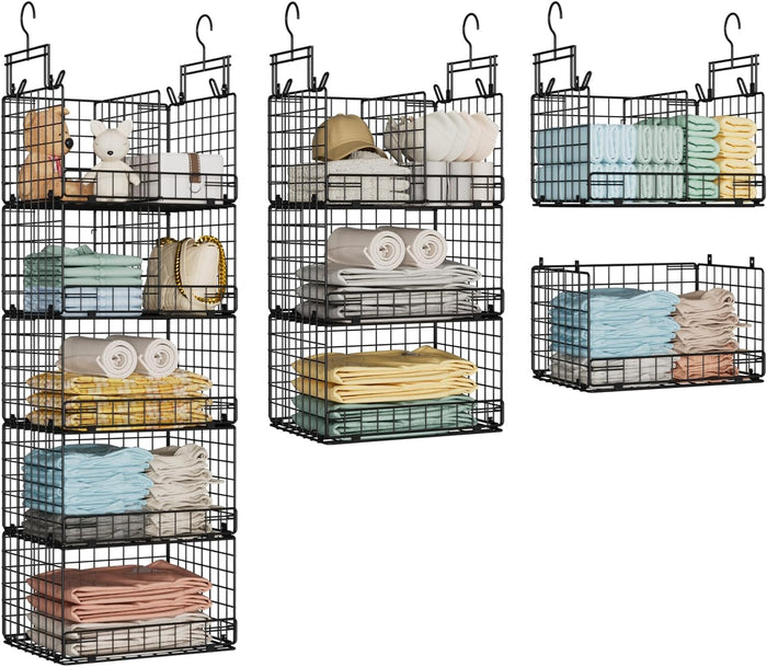VyGrow 5 Tier Hanging Closet Organizer with Adjustable Dividers, Heavy-Duty Storage Shelves for Clothing, Kitchen, Laundry Room, Extra Large Baskets, 15.7" W x 11.8" D x 51" H, Black