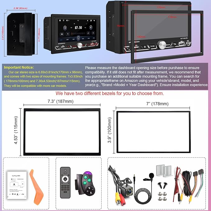 Wireless Apple CarPlay, Double Din Car Stereo, FM AM Car Radio, HD 1280*600