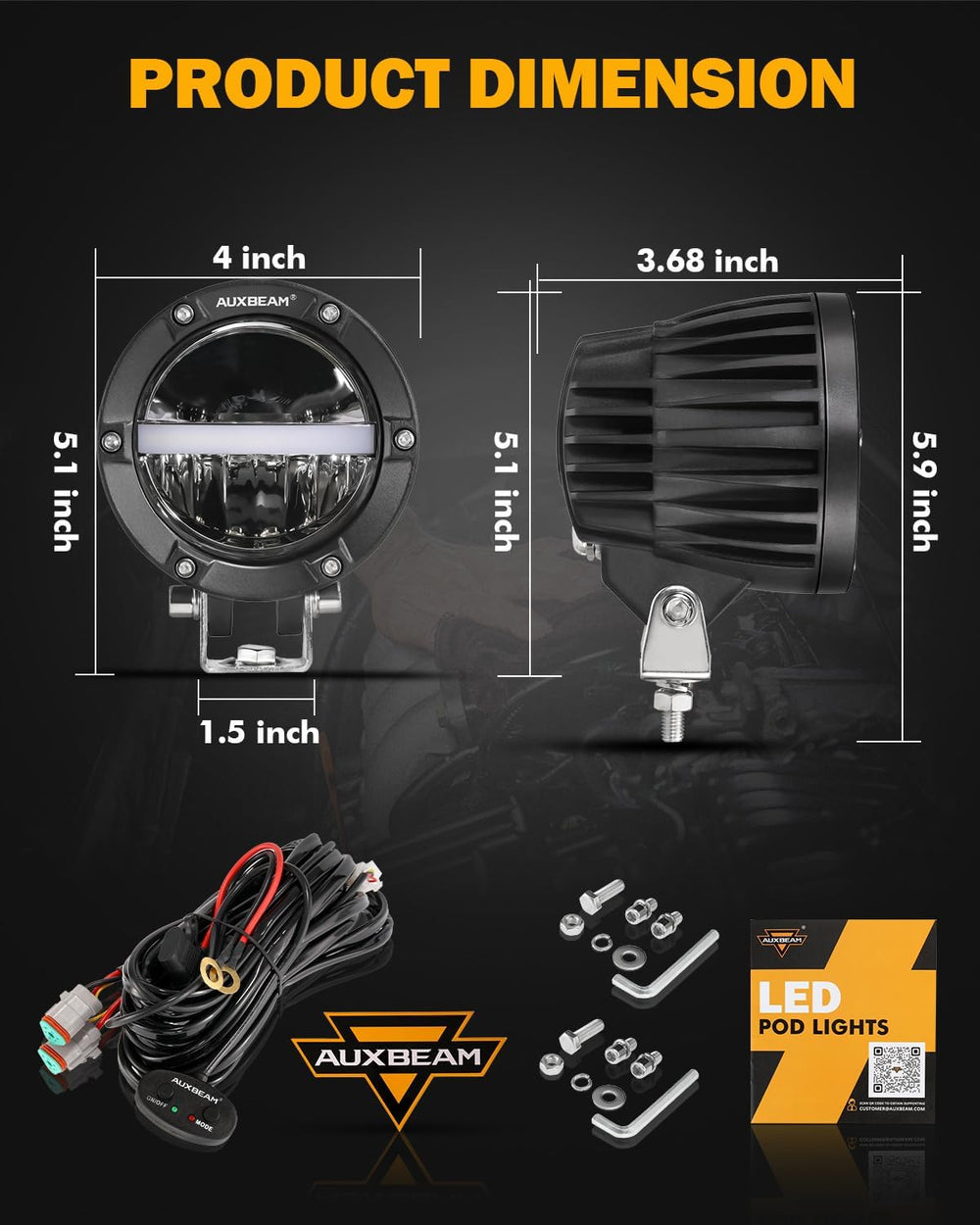 Auxbeam C4 Series 4 Inch 110W Round Light Offroad Pods with Amber DRL, Pair