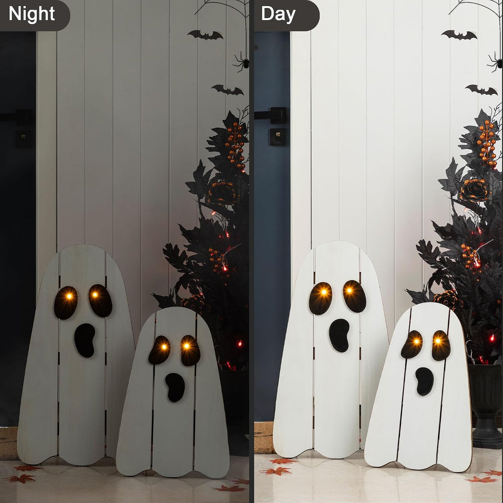 Glitzhome Set of 2 Halloween Lighted Wood Ghost Porch Decor - 24" H &amp...
