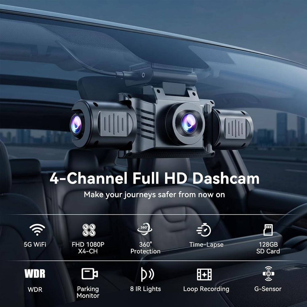New 4 Channel Dash Cam 360° View -128GB Card Dash Camera for Cars