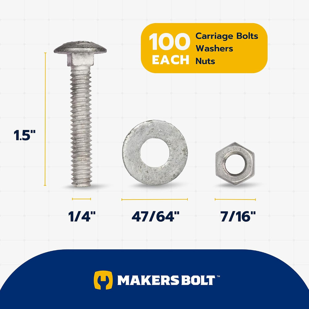 1/4" x 1-1/2" (100 Pack) Galvanized Carriage Bolt Kit Grade 307A In...