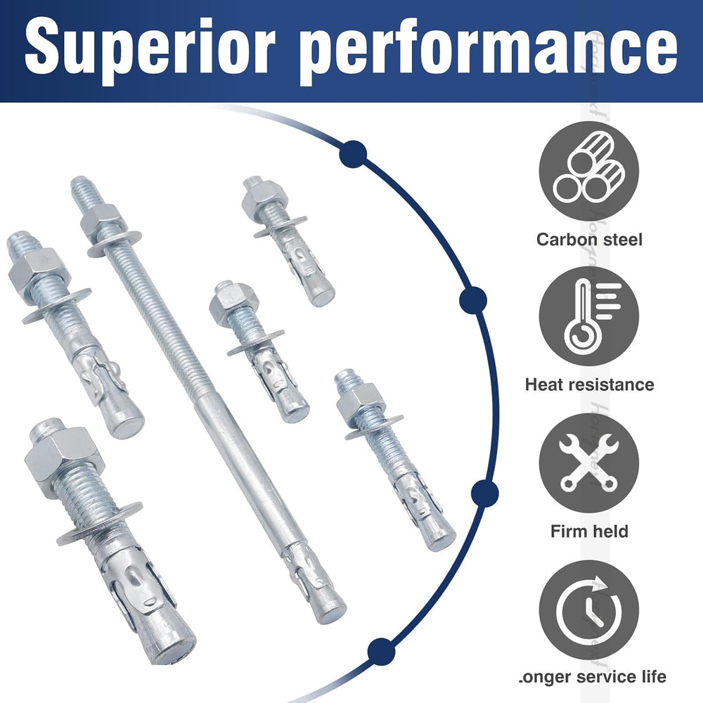 1/2 Concrete Anchors, 1/2 Wedge Anchors Bolts, 10" L, 10 Pcs