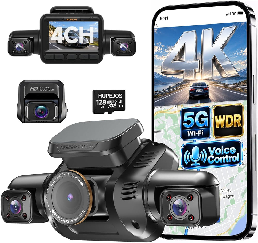 HUPEJOS 4K Dash Cam Front and Rear, 4 Channel 360° View Camera for Car