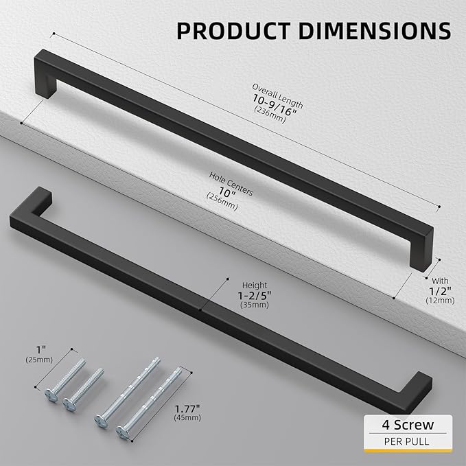 Goldenwarm 10 Pack Black Square Bar Cabinet Pull Drawer Handle Stainless Steel