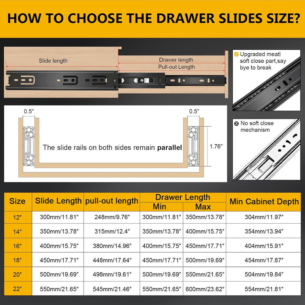 18 inch Ball Bearing Drawer Slides 6 Pairs (12pcs) - 100LB Capacity, Full Ext...