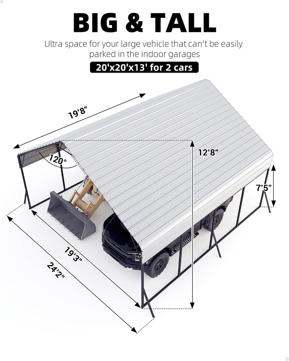 GarveeLife 20 ft x 20 ft x13 ft Metal Carport for 2 Cars