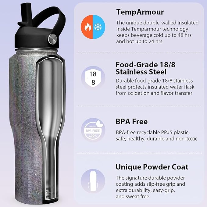 SENDESTAR 40oz Stainless Steel Water Bottle, Double Wall Vacuum Insulated Bottle