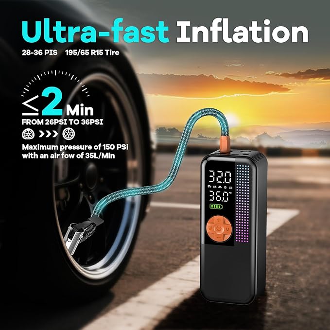 Portable Tire Inflator Air Compressor, 150 PSI Cordless Air Pump, 6000mAh