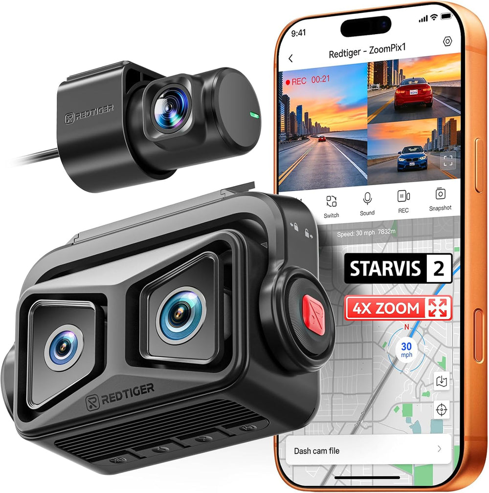 REDTIGER ZP1 Telephoto+Wide Dash Cam, 4X Zoom, STARVIS 2, EIS Night Vision