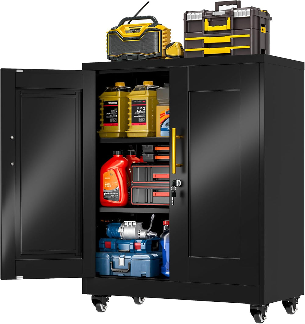 Metal Storage Cabinet with Wheels, 36" Tall Locking Storage Black
