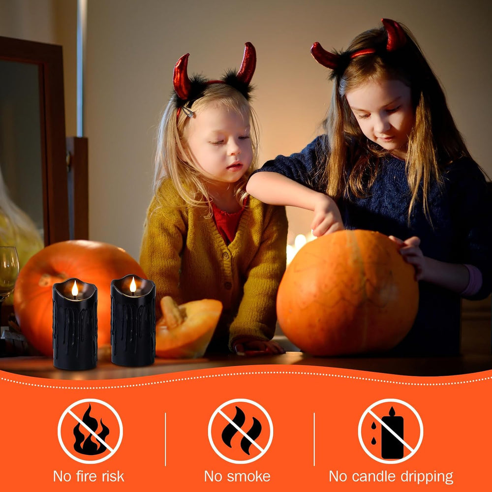 2 Pack Halloween Black Flameless Pillar Candles with Remote, 3 x 6 Inch